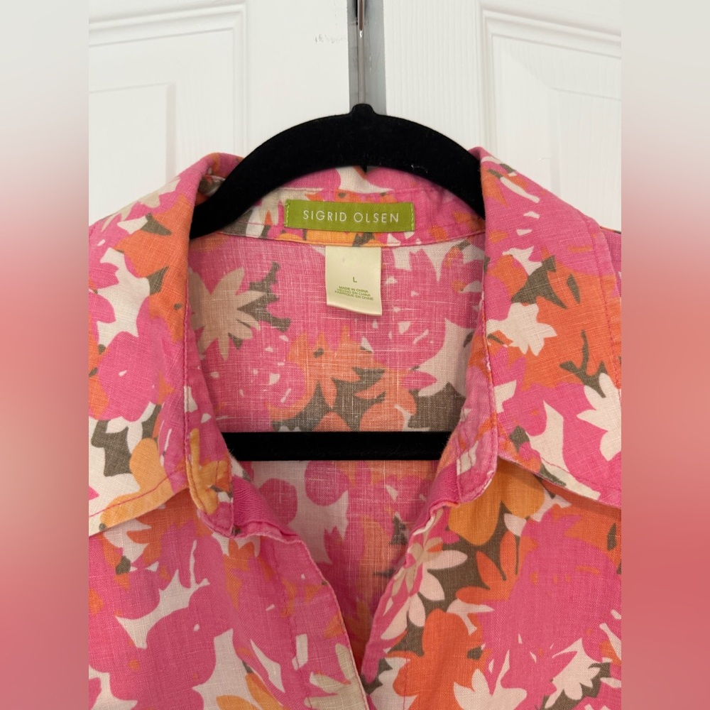 Sigrid Olsen 3/4 Sleeve Top Large Pink Orange Floral Linen Split Neck High Low - Picture 2 of 16
